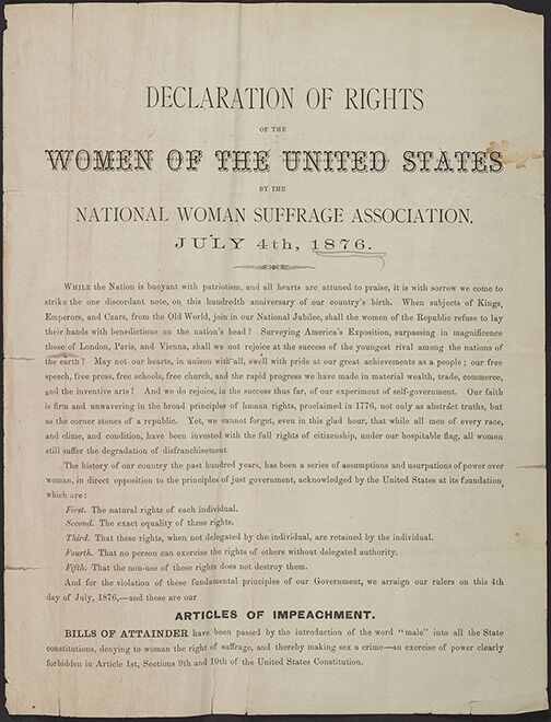 This is an image of the Declaration of Rights of the Women of the United States from 1876. 